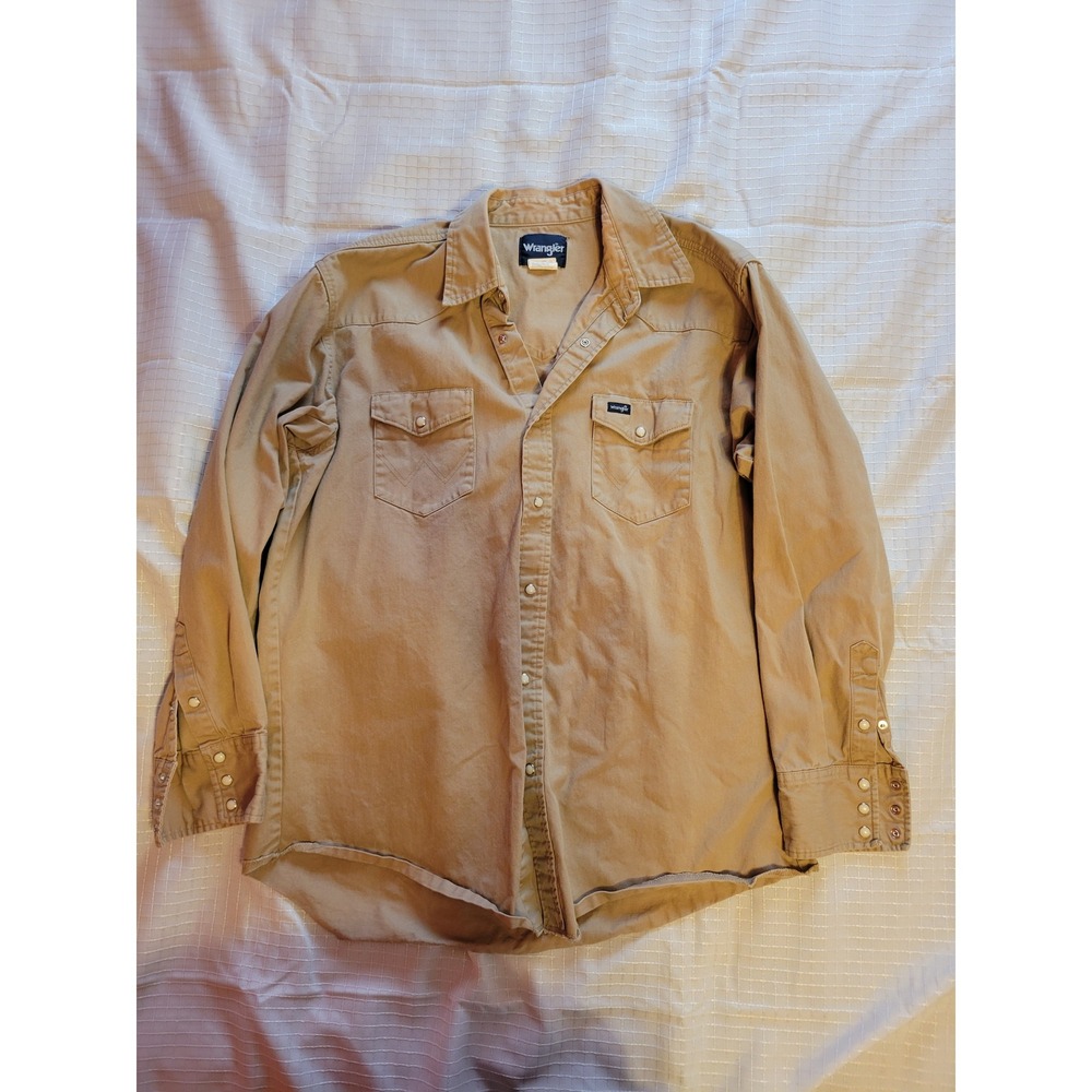 Wrangler Mens Western Snap Shirt‎ XL Tall Khaki Tan Cotton Twill Long Sleeve